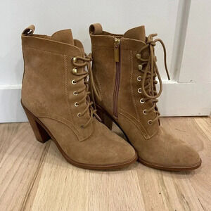 BCBGeneration tan suede heeled booties, size 8M